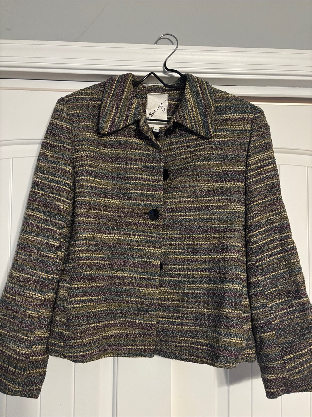 Textured Multi-Stripe Button-Front Women's Blazer - Gray/Olive